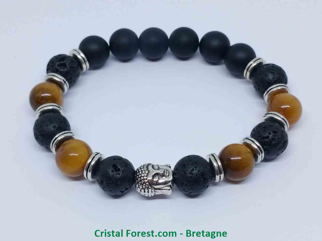 Bracelet en pierre naturelle onyx noir oeil de tigre extensible métal noir homme