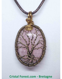 Quartz Rose et Bronze - Pendentif Arbre de Vie 