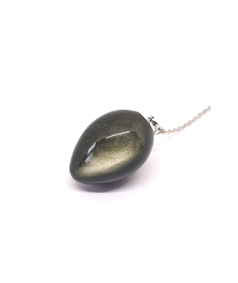 Obsidienne dorée - Pendule oeuf - Long : 3,5 cm / Diam : 2 cm / Chaine : 19 cm env.