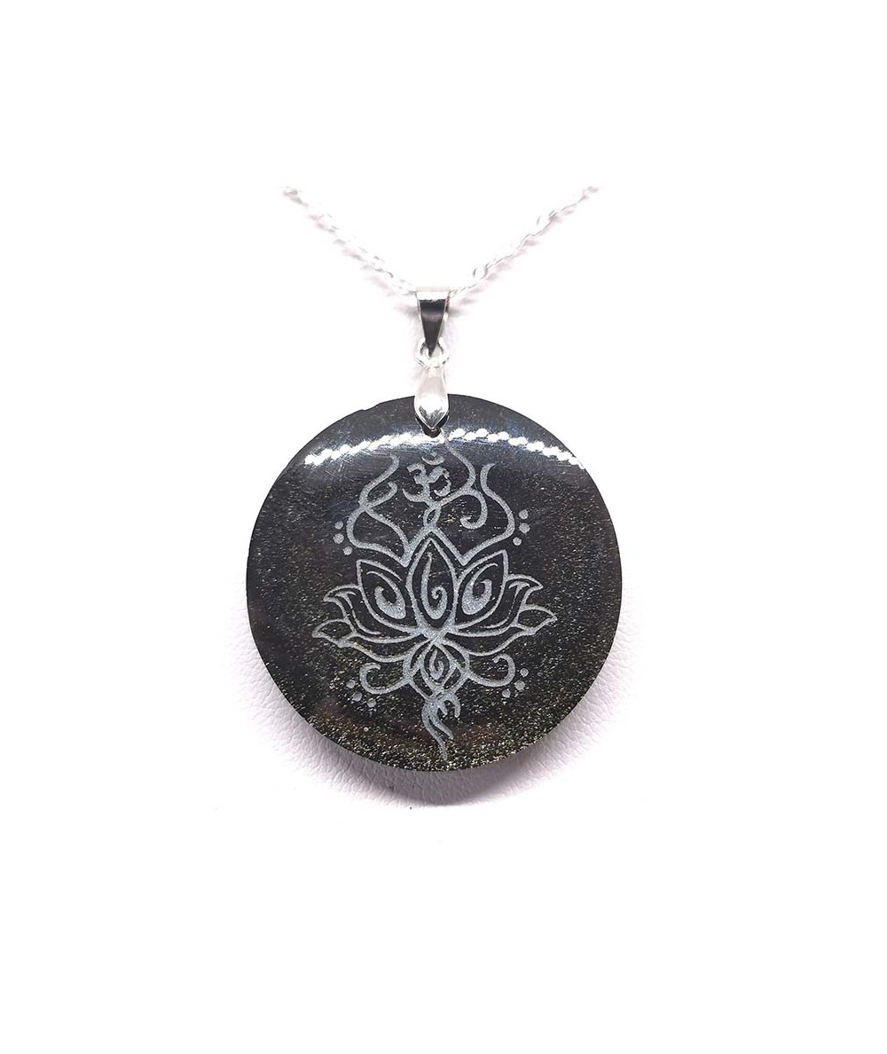 Obsidienne dorée AAA - Pendentif gravé Lotus