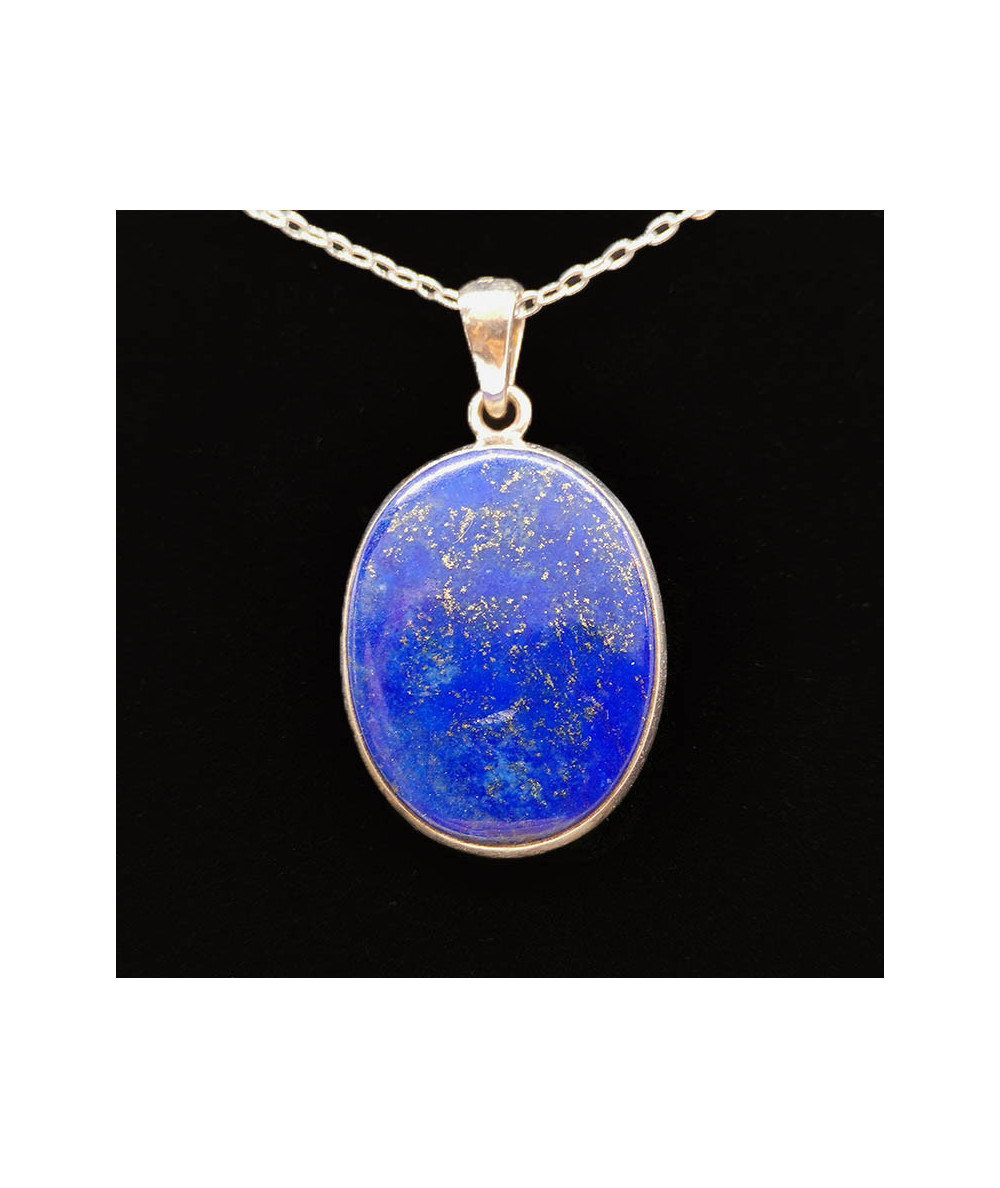 Pendentif Lapis Lazuli Ovale 21x12mm Doughnut Sur Jonc Acier Noir - Bijou Fantaisie Neuf, Fait Main