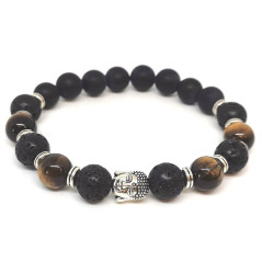 Oeil de Tigre, Pierre de Lave et Onyx - Bracelet Boules et Bouddha