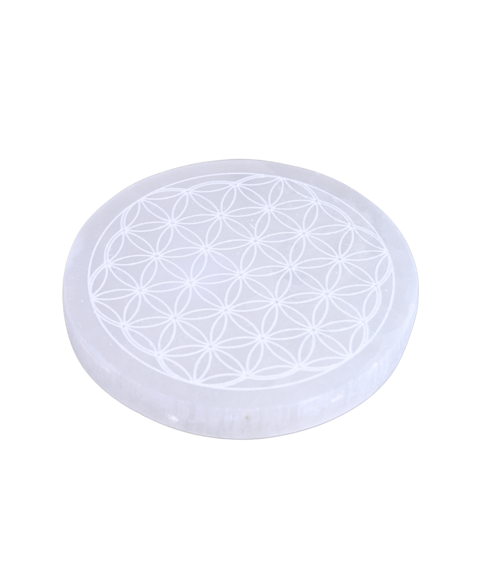 Photo de plaque de rechargement fleur de vie en sélénite Photo de plaque de rechargement fleur de vie en sélénite