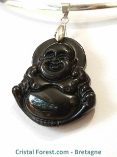 Pendentif Obsidienne Noire & Bouddha rieur