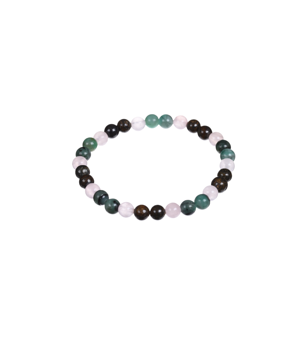 Image d'un bracelet astro taureau, en Bronzite, Émeraude & Quartz rose