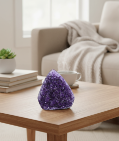 Image d'une géode en améthyste sur une table basse.