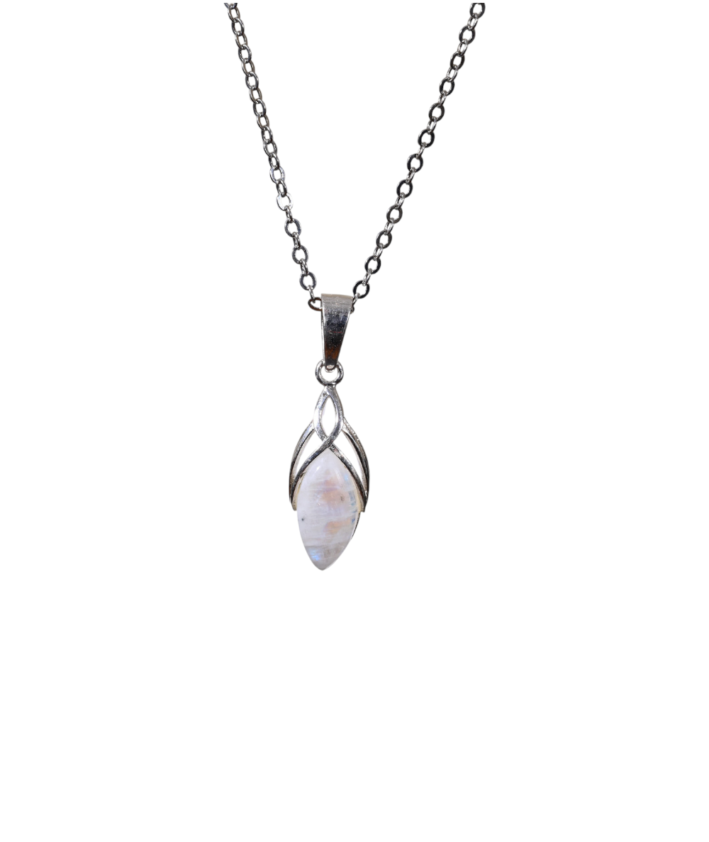 Pendentif serti argent en pierre de lune blanche.